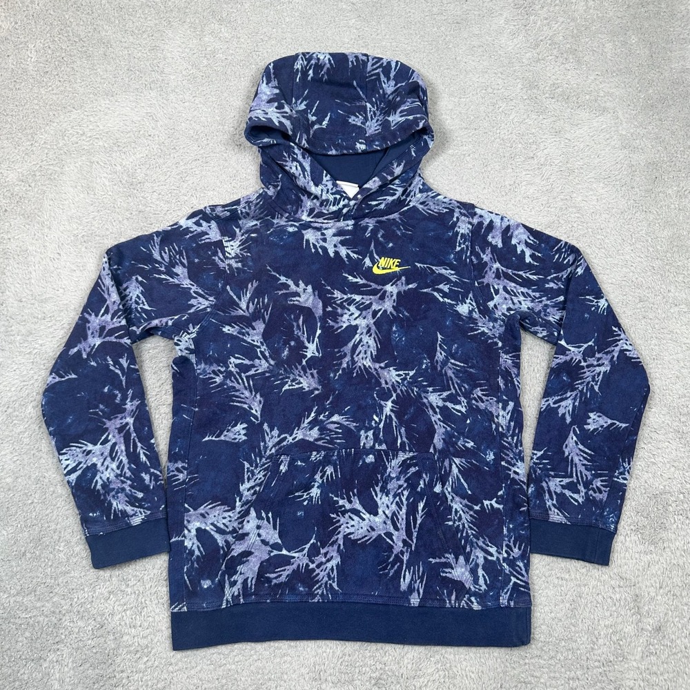 Nike Youth XL Navy Blue Graphic Print Pullover Hoodie Yellow Logo French Terry